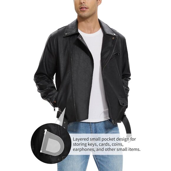 Men Black Faux Leather Biker Jacket Slim Fit Motorcycle Bomber Zip Up Coat - Picture 5 of 6